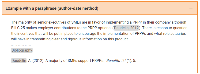 Example with a paraphrase (author-date method) -